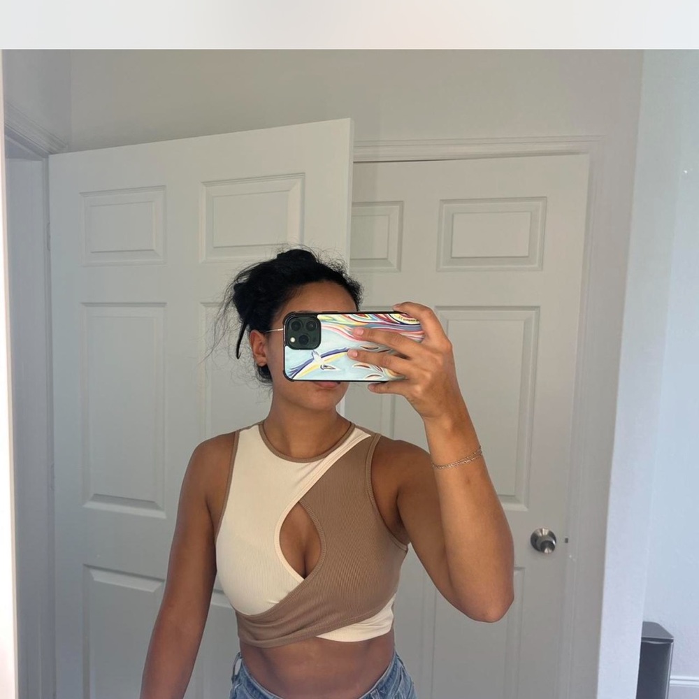 SHEIN Cream and Brown Asymmetrical Cut Out Crop Tank Top